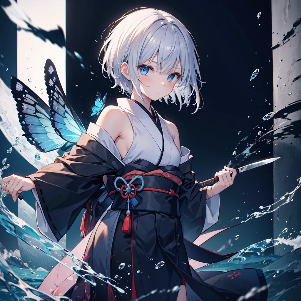 (((1 person))) ((High resolution Gray Hair short hair Black kimono Shoulder knifeを構える)) ((Black Band samurai Lonely despair blue eyes)) ((Blue Butterfly night Japanese style old Shining Aura garden water surface Catch the wind)) (dance 日本knife knife Slashing) moonlight star Draw your sword Shining Background Shining Edge