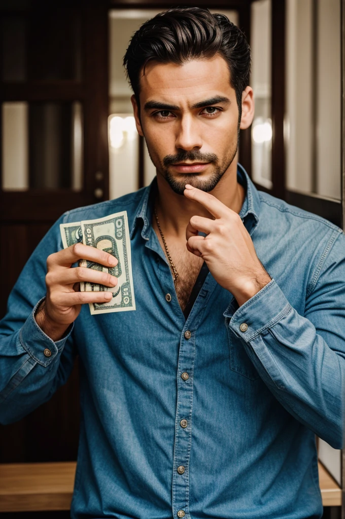 A man with ipend mouth and in hand money