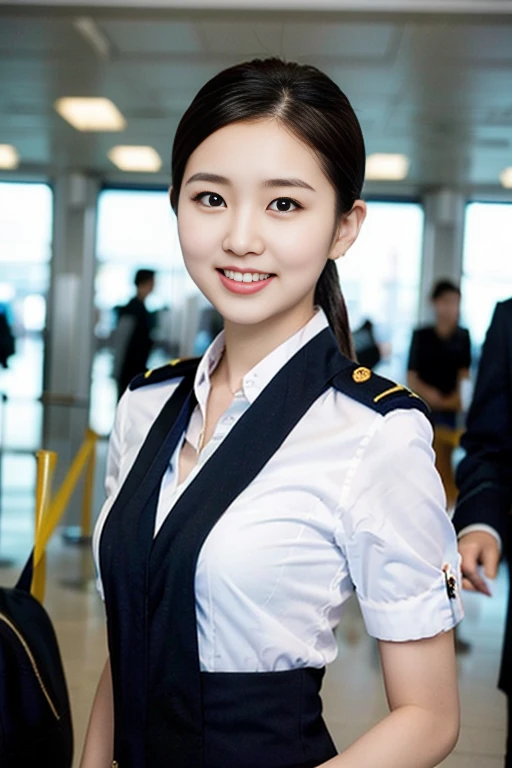 a gorgeous lady, age 22, Flight Attendant uniform, Shenzhen Airlines Stewardess,natural pose in airport, dimpled smile, short ponytail, cute snaggleteeth, ample round bosom, photorealistic, beautiful detailed eyes, hyper-realism, high contrast, ultra HD, realistic skin textures, top image quality, top-quality, super high resolution, fine details, very meticulously, head to waist, bokeh background