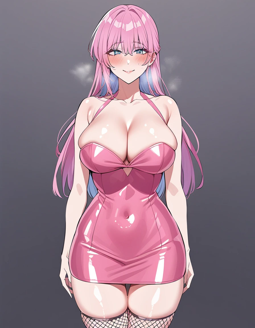 (sexy-style:1.3), 1girl, shikimorisan, pink hair, long hair, blue eyes, hair between eyes, bangs, blush, makeup, smile, breasts, tight, skin tight,heavy breathing, open clothes,off shoulder,bodycon,microdress, (pink dress:1.2), cleavage,thighs, latex,shiny clothes,fishnet thighhighs, looking at viewer, bare shoulders, sleeveless dress, no sleeve, dress,cowboy shot, masterpiece, best quality