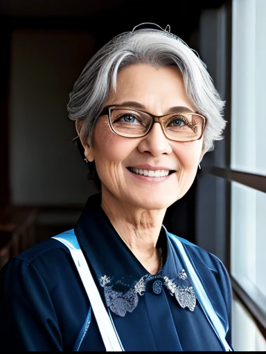 maid, 65 year old cleaning lady, gray hair, Eastern features, mature, maid uniform, upper half, modern setting, phone photo style, facing front