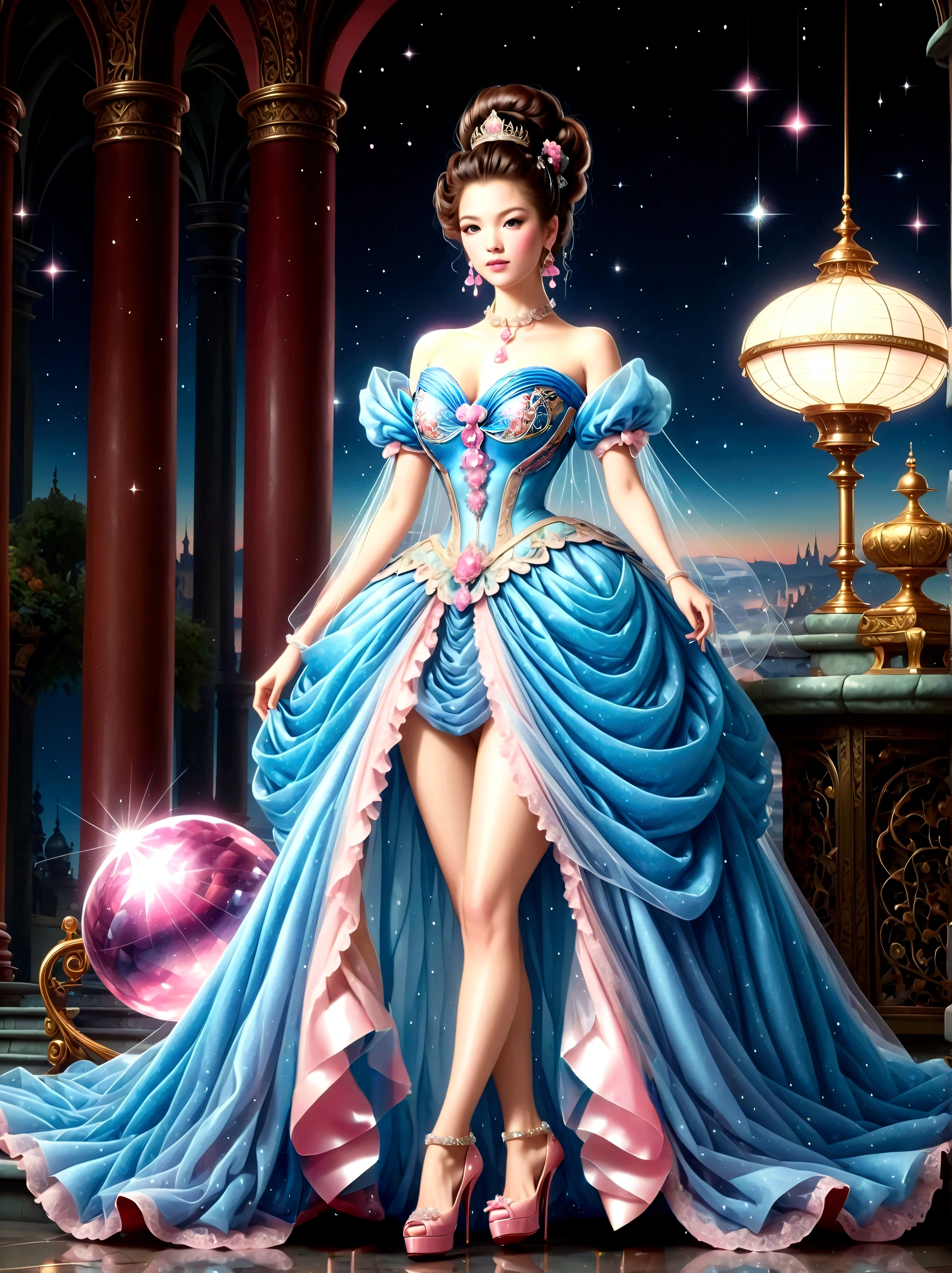 ((masterpiece))，Best quality，absurd，Ultra Detailed，(whole body:1.5)，Golden Ratio，Super cute and beautiful Asian idol girl，Very beautiful violet bright eyes，Beautiful colorful shiny brown hair，High Ponytail，good body shape，fit，Perfect body，(Wearing a stately and exquisite royal Cinderella court evening gown:1.5)，With huge puff sleeves and hourglass waist，adorned with bows，Embroidery and jewelry，Long white gloves，pearl necklace and earrings，Beautiful hair accessories，(Pink crystal high heels:1.8)，Dark theme elements, Pencil Sketch