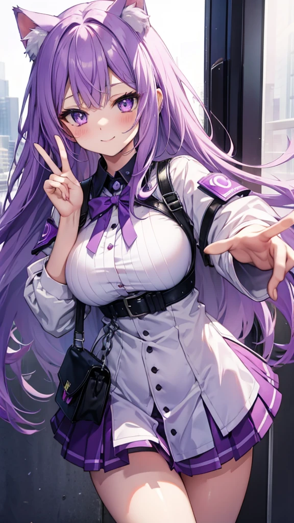 Purple Hair Cat ear Purple Eyes high school girl Completely naked Mine system smile One-handed peace sign Embarrassed face Brat Super big breasts mini skirt