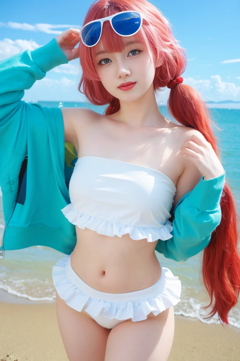 best quality, tmasterpiece,Ultra-high resolution,Clear face,(Reality:1.4),ferpect lighting,(upper body shot), (photorealistic:1.50), anime wallpaper, Guviz style artwork, cover-up fantasy up to magic , by Yang J, Guviz, beautiful artwork illustration, beautiful digital artwork, beautiful digital illustration, Li Song, beautiful anime portrait, art style in Beauvot,yellow eyes, pink hair, ahoge, bikini, frills, open clothes, off shoulder, open jacket, ocean, low twintails, sunglasses, hair bobbles, heterochromia, halo, white bikini, sandals, twintails, very long hair, collarbone, jacket, swimsuit, blue jacket, long hair, bangs, blue eyes, hair ornament, long sleeves, navel, hair between eyes, bare shoulders, eyewear on head, frilled bikini, white-framed eyewear, hoshino \(bluearchive\),hoshinoSS,1girl,solo,