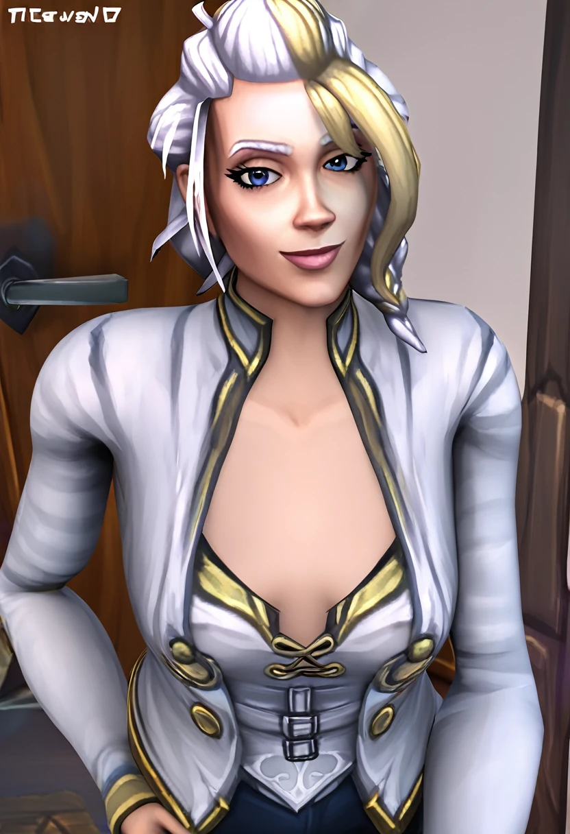 Jaina proudmoore, (SFW), masterpiece, best quality, highres 64k, professional artwork, famous artwork, clean, cinematic lighting, beautiful eyes + detail, beautiful hair + detail, (cute young female body:1.4), (cute small breasts), lactation, happy:1.3, smile:1.3, sexy looking at the viewer, sexy lips, floating hair,Anosillus ii,  ((tfg1:1.5)), indoors, doorway,  door open, from above