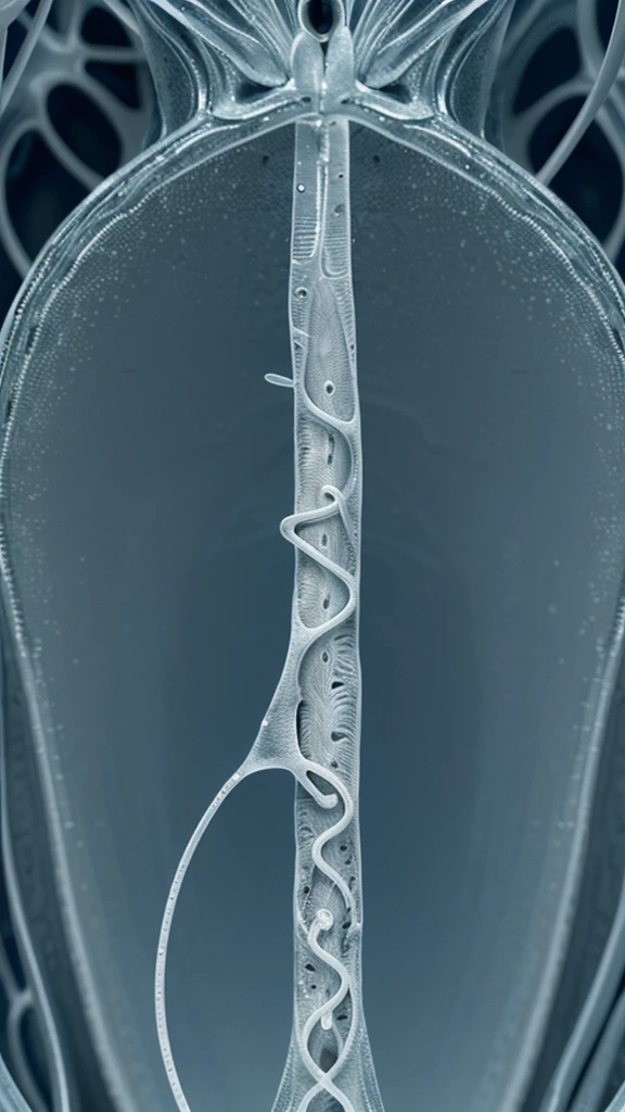 "A close-up, detailed scientific illustration of a sperm cell under a microscope, revealing the sperm cells within, highlighting their structure and movement."