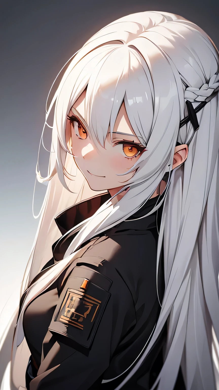 1girl, long hair, white hair, orange eyes, arknights style, looking at viewer, simple background, high res, ultrasharp, 8k, masterpiece, mature face, smug smile, perspective from above, close up