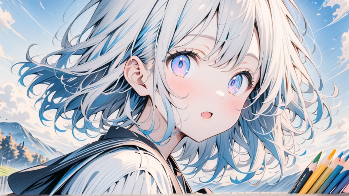 ((style:Colored pencil,pale colour)),(anime)、(masterpiece:1.2),blue sky、A big jump into the sky、girl、cute
