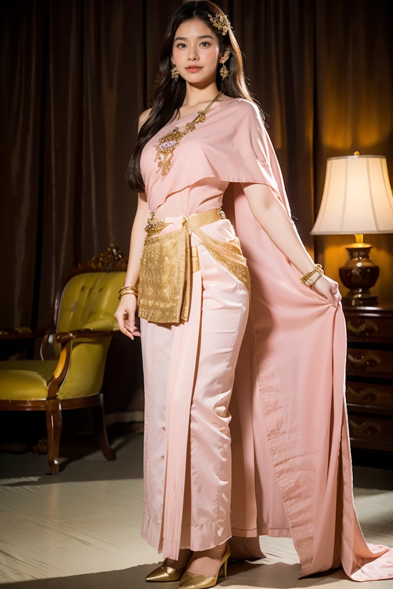 (realistic:1.4),(raw photos:1.2),official art,(Very detailed CG:1.2), (Masterpiece:1.2), (best quality:1.2),looking at the audience,(Full body)
,(1 girl),(long hair),stand,(Dressing according to Thai tradition:1.05),pink dress,dynamic gesture,(traditional shawl),((brown skirt)),(Gold Jewelry),
, 