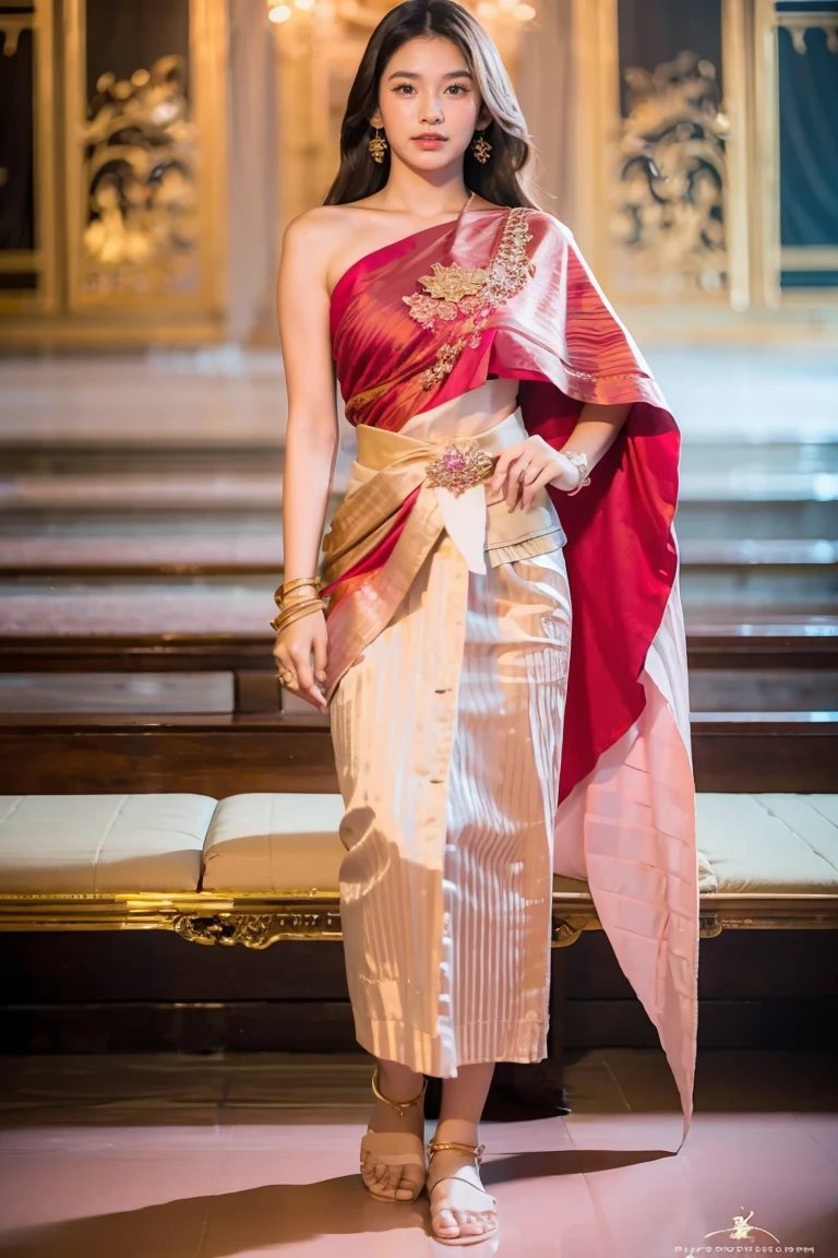 (realistic:1.4),(raw photos:1.2),official art,(Very detailed CG:1.2), (Masterpiece:1.2), (best quality:1.2),looking at the audience,(Full body)
,(1 girl),(long hair),stand,(Dressing according to Thai tradition:1.05),pink dress,dynamic gesture,(traditional shawl),((brown skirt)),(Gold Jewelry),
,
