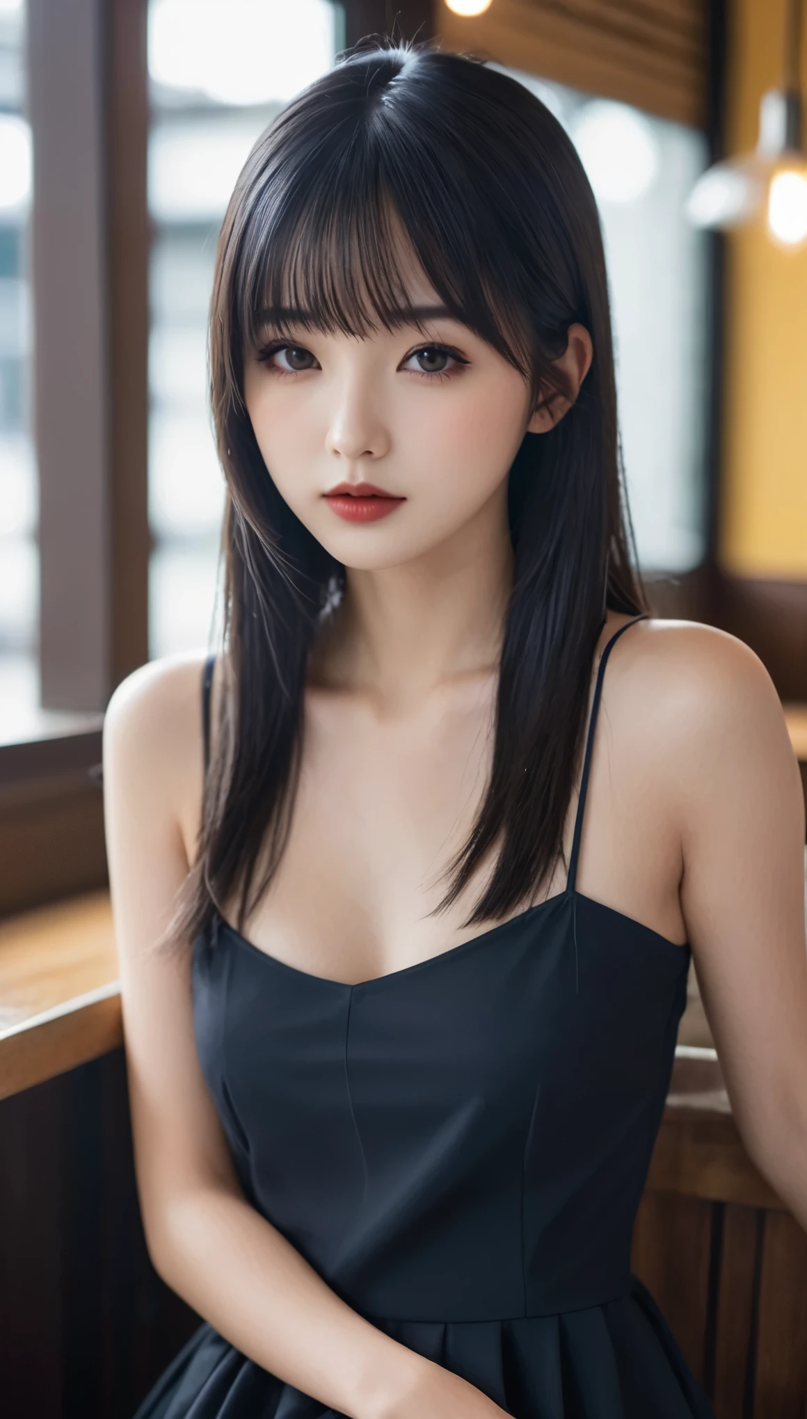 a girl，cute and pretty face，Long straight black hair，Long bangs covering eyes，long eyelashes，(Fine eyes)，small eyes，(half-closed eyes)，(Dark lipstick)，(Dark eyeshadow)，Slim body，Medium breasts，Slender limbs，spaghetti strap dress，Inside an old coffee shop，clean focus，shallow Depth of Field，Ultra-detailed faces，very beautiful face，Extremely high texture skin，Look to viewer，beautiful legs，seductive，femainine pose，(realistic ，realistic-photo，RAW photo，8K original)，lens flare，film grain，artistic photography，UHD，highres，masterpiece，retina，