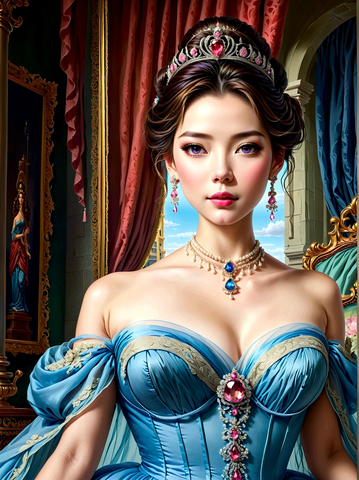 ((masterpiece))，Best quality，absurd，Ultra Detailed，(whole body:1.5)，Golden Ratio，Super cute and beautiful Asian idol girl，Very beautiful violet bright eyes，Beautiful colorful shiny brown hair，High Ponytail，good body shape，fit，Perfect body，(Wearing a stately and exquisite royal Cinderella court evening gown:1.5)，With huge puff sleeves and hourglass waist，adorned with bows，Embroidery and jewelry，Long white gloves，pearl necklace and earrings，Beautiful hair accessories，(Pink crystal high heels)，Dark theme elements, Pencil Sketch