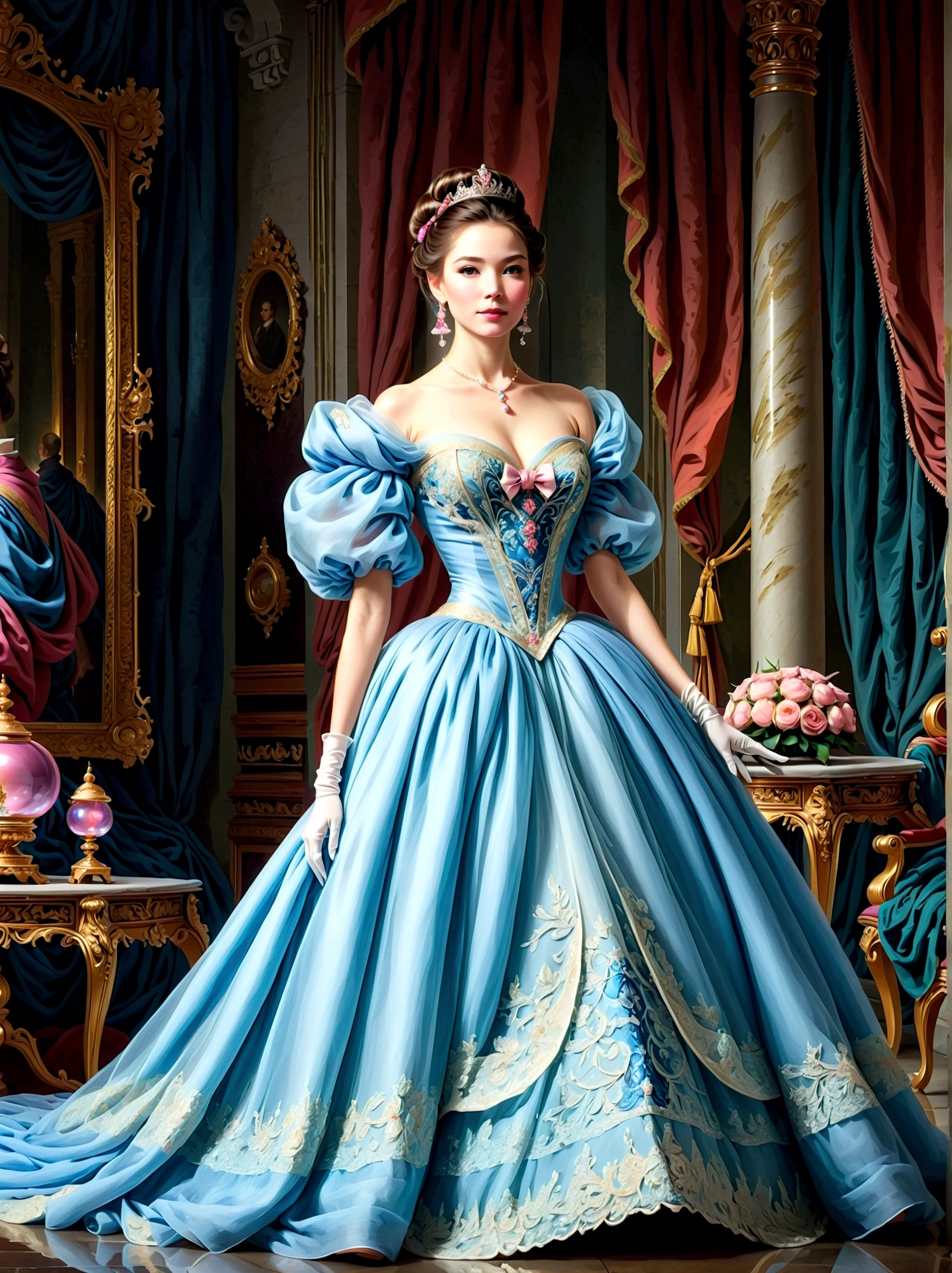 ((masterpiece))，Best quality，absurd，Ultra Detailed，(whole body:1.5)，Golden Ratio，Super cute and beautiful Asian idol girl，Very beautiful violet bright eyes，Beautiful colorful shiny brown hair，High Ponytail，good body shape，fit，Perfect body，(Wearing a stately and exquisite royal Cinderella court evening gown:1.5)，With huge puff sleeves and hourglass waist，adorned with bows，Embroidery and jewelry，Long white gloves，pearl necklace and earrings，Beautiful hair accessories，(Pink crystal high heels)，Dark theme elements, Pencil Sketch