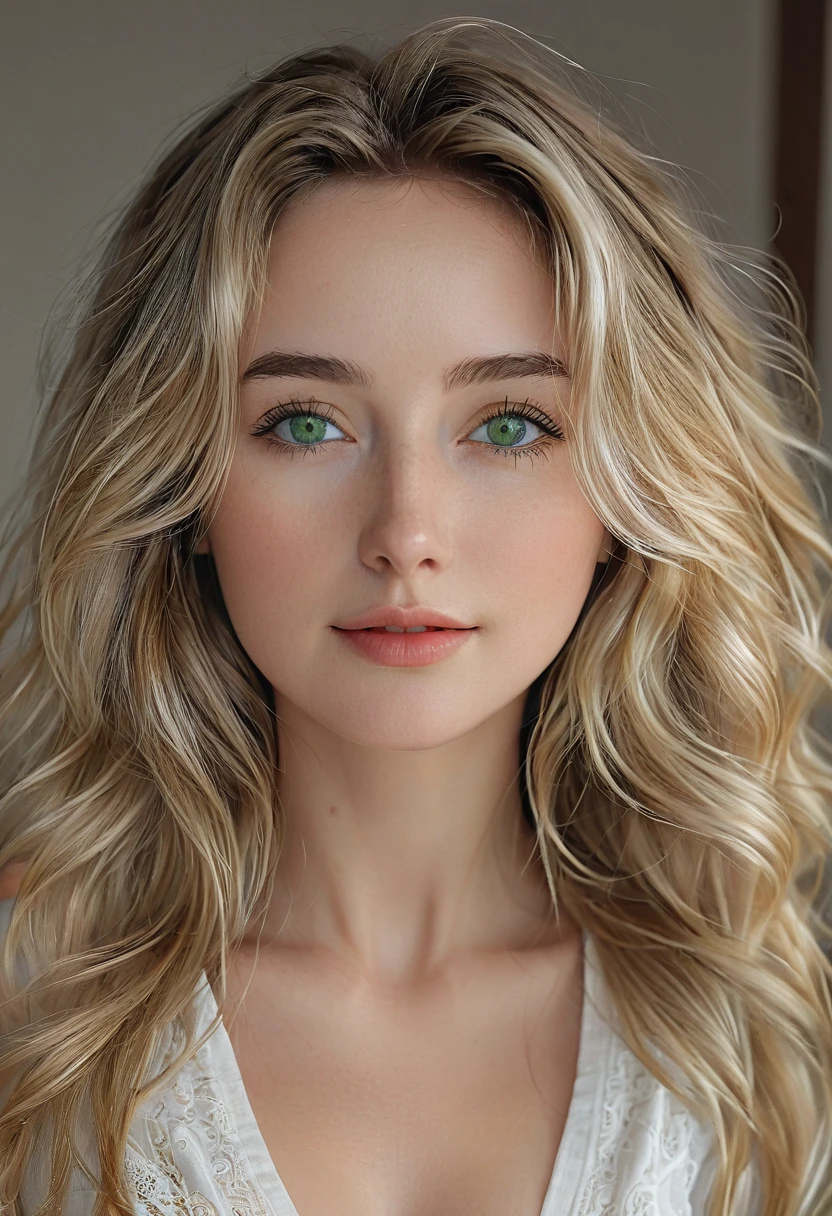 (Best quality, Ultra-Realistic, Golden Ratio, Masterpiece: 1.4) A captivating selfie of Alena, a 22-year-old beauty with a radiant face, adorned with light green eyes that gleam with intricate details, eyes that sparkle with a persistent, yet alluring gaze. Her natural complexion, complemented by rosy cheeks, accentuates her fine facial features and small nose, creating a perfect harmony. A slight smile graces her lips, making them appear soft and luscious, invoking a sense of sensuality. Her hair, cascading down to her waist in long, black strands, adds to her