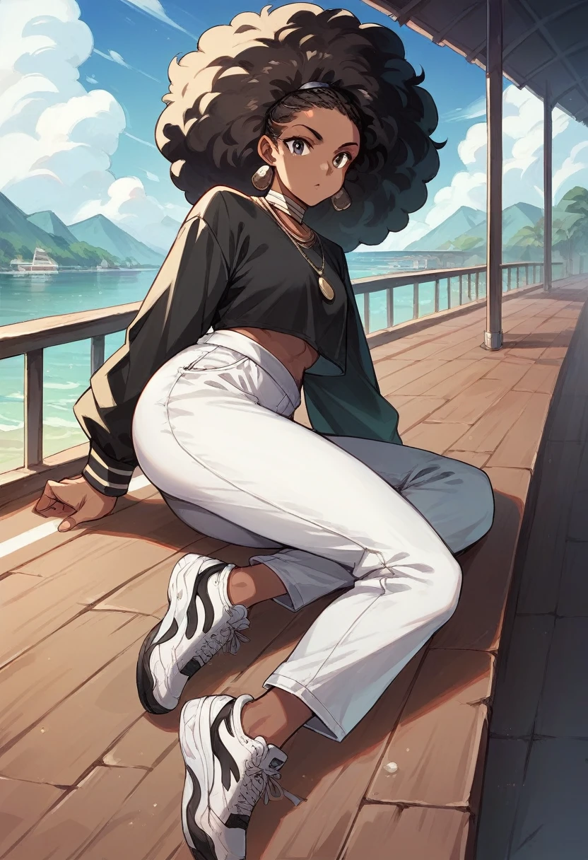 A Pier brunette girl with afro hair, a two-piece set, black top, white pants, black tennis shoes, complete with jewelry. 