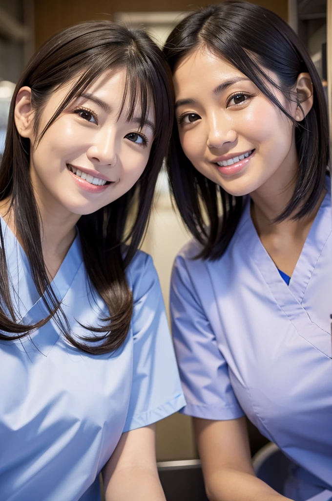 Dental hygienist, only two women Side by side, smiling, wearing brown medical scrubs White, short sleeves, cute, Japanese, black hair, female, early 20s Upper body close-up high resolution Highest quality Don't press your face too much Shortcuts