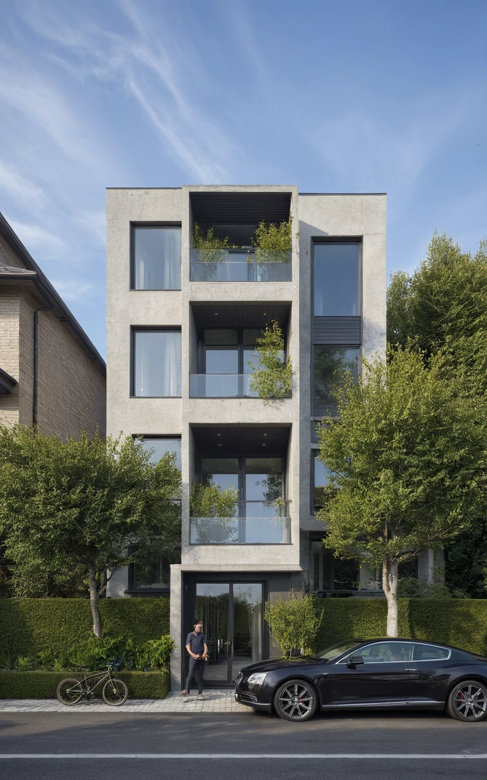 villa moderne, (style moderne:1.2), exterior design, vue de perspective, (block sidewalks and asphalt roads), (la maison du voisin d'Beside), (jour light sky background), Arbres bas autour de la maison, atmosphère globalement paisible photo cinématographique, (L'neutral lighting suitable for the modern villa, clear color thermometer sunlight 5500 KEVIN), Hyperrealistic art, professionnel, 8k, very detailed ï¼, (visualisation de la conception architecturale), (reflection), (se concentrer sur un objet), (material normal bump real reflection), (Scattered light), (hidden light) (rayon de lumière), (lumière multifaisceaux), (rayon de soleil) (multi-level reflection), (rendu de visualisation du logiciel corona:1.2),(((best quality))), ((chef-d'artwork)), ((meilleure illustration)), ((meilleures ombres)), ((great detail)), (Lignes complexes), (photorealism),(hyper detail), ((archaic)), ((Award-winning design)), (dynamic light), ((jour)), (Lumière parfaite), (Shimmering light), ((photorealistic)), ((complex detail)), ((extreme detail)), ((science)), ((hyper-detail)), ((great detail)), ((super realistic)), ((Crazy Detail)), ((rendu d'octane)), ((cinematic)), ((tendance sur artstation)), ((High fidelity)), ((video)), ((croustillant)), ((Brillant)), ((Superbe)), ((Attrayant)), ((High quality)),((pointu))((Brillant)), ((Superbe)), naturel, ((Attrayant)), ((Enlightening)), ((impeccable)), ((High quality)),((pointu edge render)), ((moderately soft lighting)), ((rendu photographique)), ((detailed archiving)), {real environment|spring adjustment|espace de style tropical}
