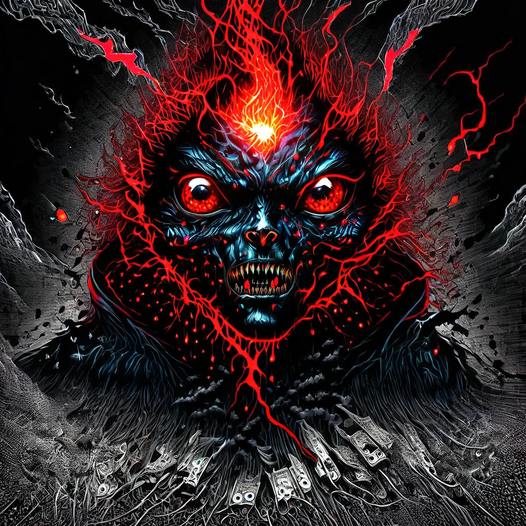 High Resolution, High Quality , Masterpiece .Hyper-realistic ink drawing with surreal colors, elements of absurdity in the style of Ross Tran featuring money aflame as a reference to Roby Dwi Antono, eyeballs, bleeding hearts, demonic entities, and bats, and ravens ascending into a melting sky, chiaroscuro lighting enhancing symbols of death, macabre,a demonic moon adorned with eyes emitting an air of frustration, atmospheric mood.
