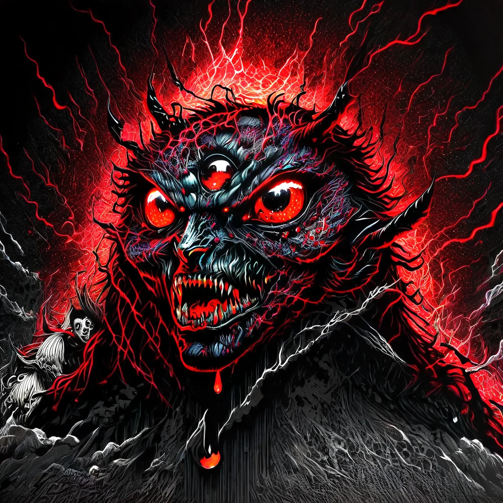 High Resolution, High Quality , Masterpiece .Hyper-realistic ink drawing with surreal colors, elements of absurdity in the style of Ross Tran featuring money aflame as a reference to Roby Dwi Antono, eyeballs, bleeding hearts, demonic entities, and bats, and ravens ascending into a melting sky, chiaroscuro lighting enhancing symbols of death, macabre,a demonic moon adorned with eyes emitting an air of frustration, atmospheric mood.