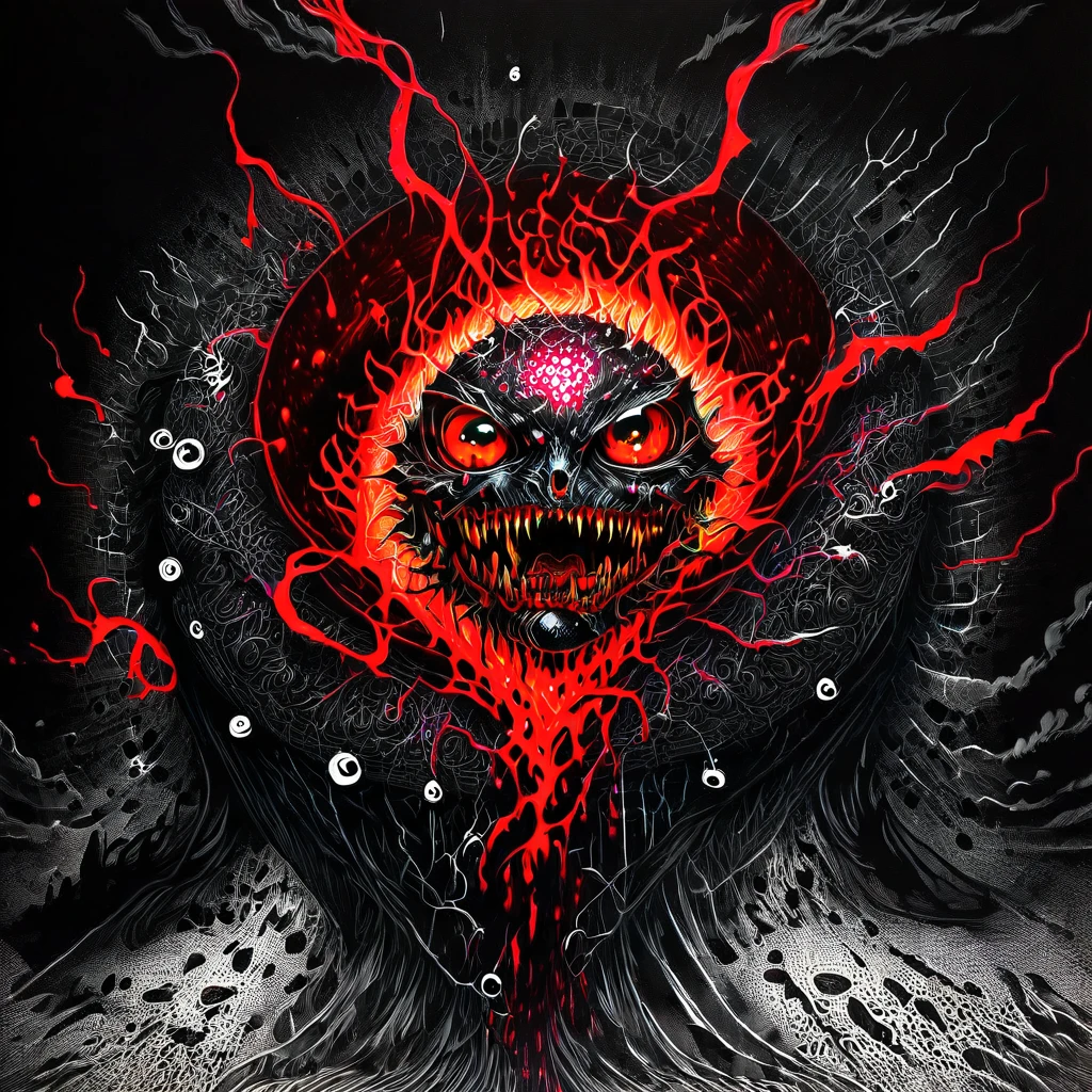High Resolution, High Quality , Masterpiece .Hyper-realistic ink drawing with surreal colors, elements of absurdity in the style of Ross Tran featuring  money aflame as a reference to Roby Dwi Antono, eyeballs, bleeding hearts, demonic entities, and bats, and ravens ascending into a melting sky, chiaroscuro lighting enhancing symbols of death, macabre,a demonic moon adorned with eyes emitting an air of frustration, atmospheric mood. 
