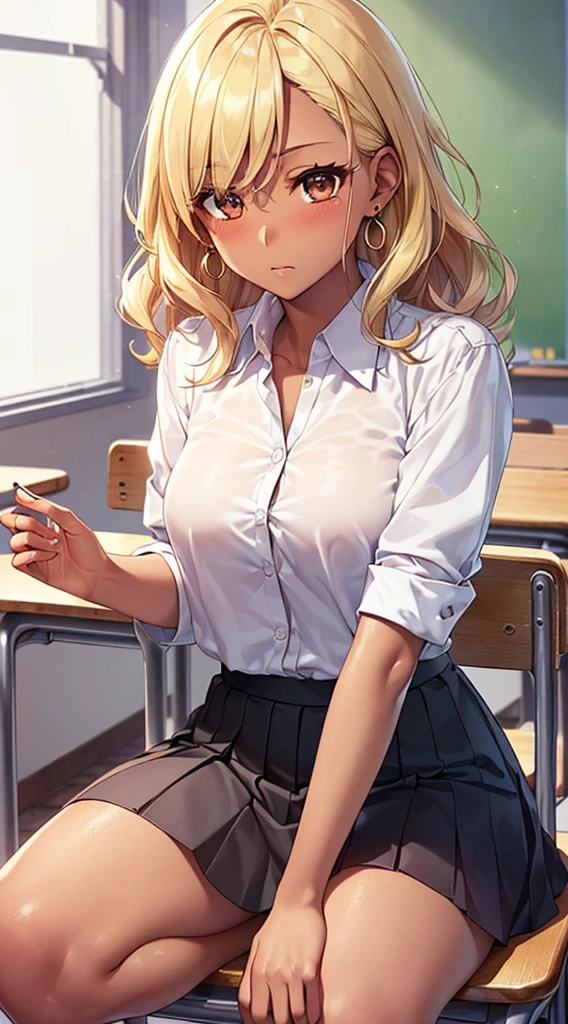 ((Tabletop, Highest quality, High resolution, Hmph, Pixel perfect, 4K, Hmph, Hmph))), One Girl, single, alone, Beauty、The whole body is visible、 ((Short Wavy Hair, bangs, Blonde)), Earrings, (dark skin:1.5), ((Brown eyes, Beautiful eyelashes, Realistic eyes)), ((Detailed face, Blushing:1.2)), ((Smooth texture:0.75, Realistic texture:0.65, Realistic:1.1, Anime CG Style)), Medium chest, Dynamic Angle, Perfect body, ((school uniform, White shirt, Black Skirt, Unbuttoned shirt、Checked skirt、I'm not wearing shoes、White Sox)), An empty classroom、Sit at a desk、Lower'I took my feet off the desk.........................................、evening、、、grin、(Lift up your skirt with your right hand、Spread your legs、Knees wide open、Black extreme micro string )、、(Light blue lace bra)、Angle from below