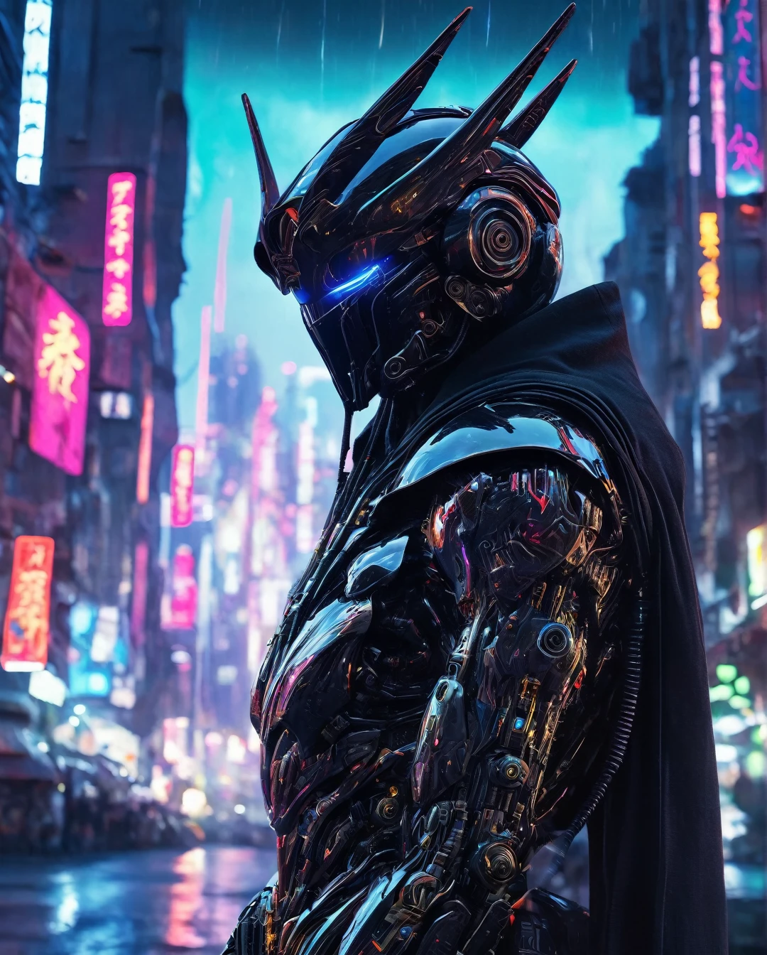 Mantis Dark Hood cyborg Power Nightcity Cyber Black Robot Mecha Evil robot,background,night city ,background,night city..... (best quality,4k,8k,highres,masterpiece:1.2),ultra-detailed,(realistic,photorealistic,photo-realistic:1.37),alternative reality,telepathic,psychic powers,mind reading,third eye,mind bending,intense gazing,parallel universe,Yoshitaka Amano style,dreamlike,fantasy,vivid colors,soft lighting
