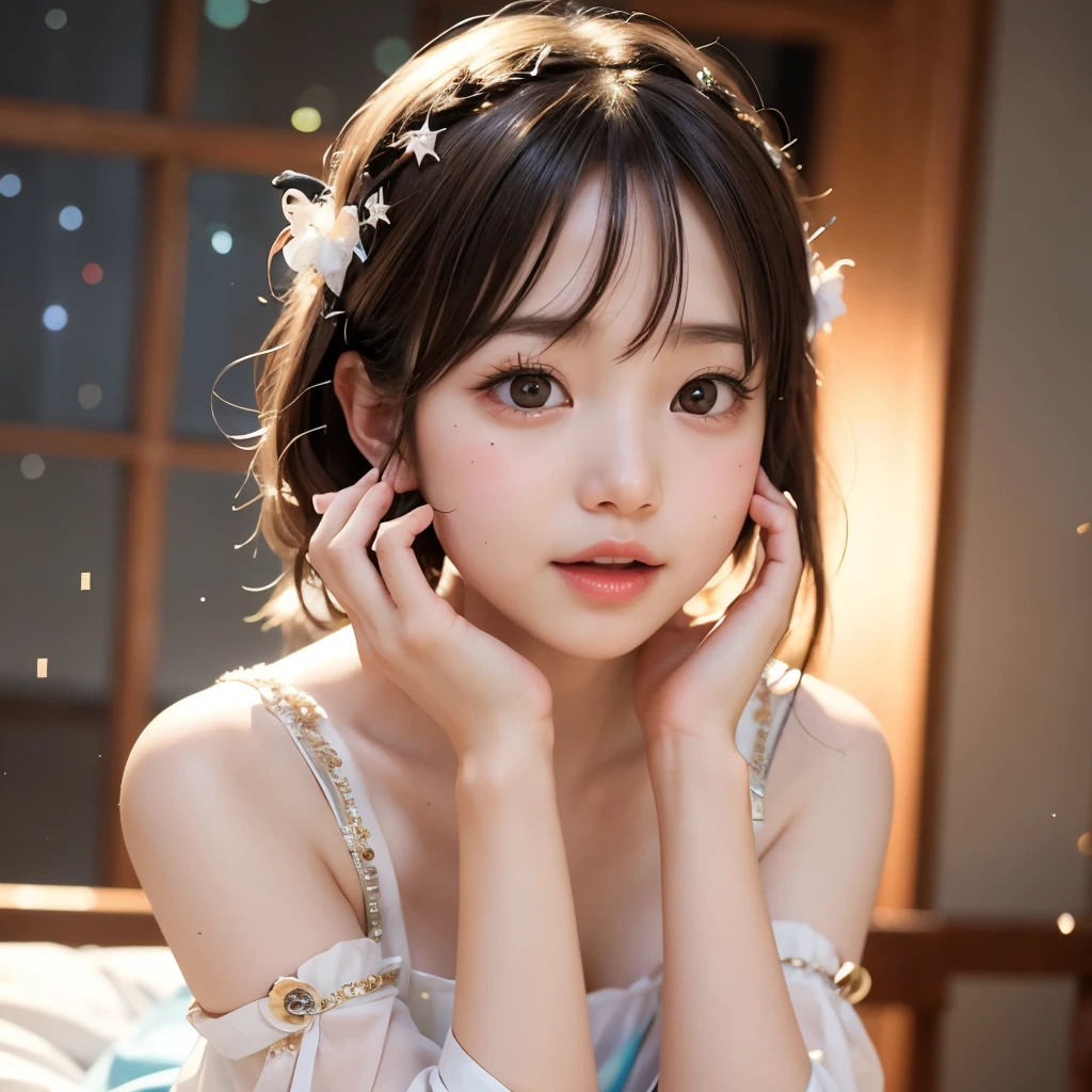 NSFW, 8k, High-level, absurd, masterpiece, best quality, primitive, very detailed CG, very detailed wallpaper, perfect lighting, Extremely detailed (((The personifying " Sayuri Yoshinaga  " as a Little Girl))), MysticSight, Tyndall effect, Tyndall scattering, Studio gray background with (many Dazzling RainbowColor particles BokeH:1.28), (RoundlyButts, ThighGap), (Exposed:0.4), (Assfocus with looking ahead), BREAK (NOGIZAKA face variations) Extremely Detailed very KAWAII face variations, perfect anatomy, Childish, captivating gaze, elaborate detailed Eyes with (sparkling highlights:1.28), long eyelashes、Glossy RED Lips with beautiful details, Coquettish tongue, Rosy cheeks, Radiant PearlSkin with clear transparency . { (Dynamic LifeLike expressions:1.4) | :d) }, (large eyes:-1) .