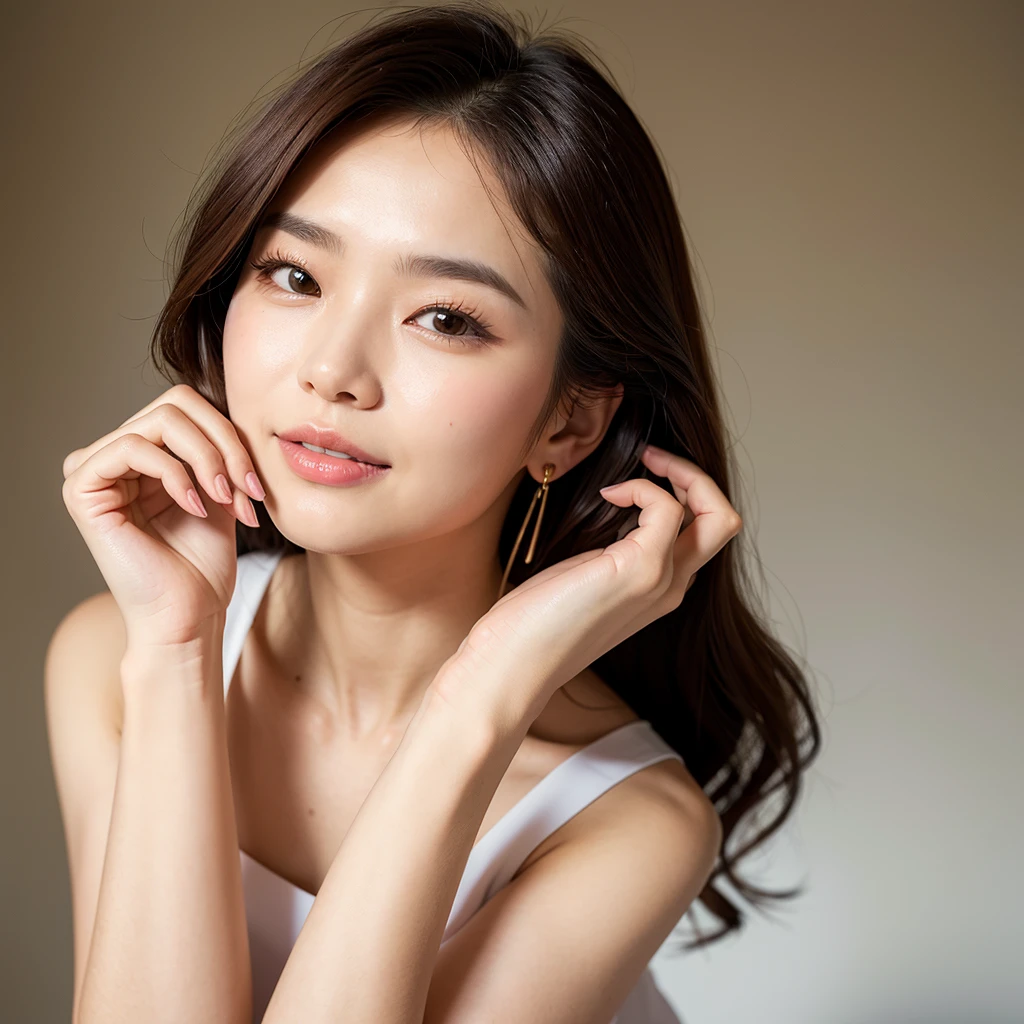 ((masterpiece)), ((Highest quality)), (美しいKorean), Eye for perfect detail, Face in perfect detail, Very elaborate nose, Close your mouth，Long Hair，Cosmetics manufacturer promotion、Perfect Teeth, Bare shoulders, Charm, Perfect Face, Dimples on cheeks, Depth of written boundary, High resolution, ((Real skin texture)), (Well-proportioned hands), Thin lips, Korean，Background is white