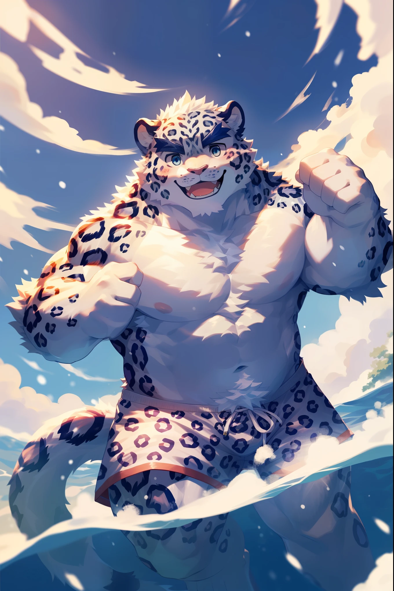 (Vision:1.5), solitary, anthropology, hairy, hairy male, snow leopard, ((Fluffy fur, Fluffy, hairy body)), (snow leopard print), (Thick eyebrows), youth, muscular, White and big skin, Blue-gray pupils, Detailed teeth, defaced face, fundos, swimmer, Purple grey swimming trunks, pink tit cluster, Dipping in the 湖, He is raising the waves, Shy expression, A faint smile, blush, (Dynamic poses:1.5), Clear facial features, Strong, majestic, solitary, panoramic, Fog atmosphere, early morning, Tyndall light effect, Aquatic plants, lake, (By Empty Ghost, From snow leopard20, masterpiece, high quality, high resolution,8K)