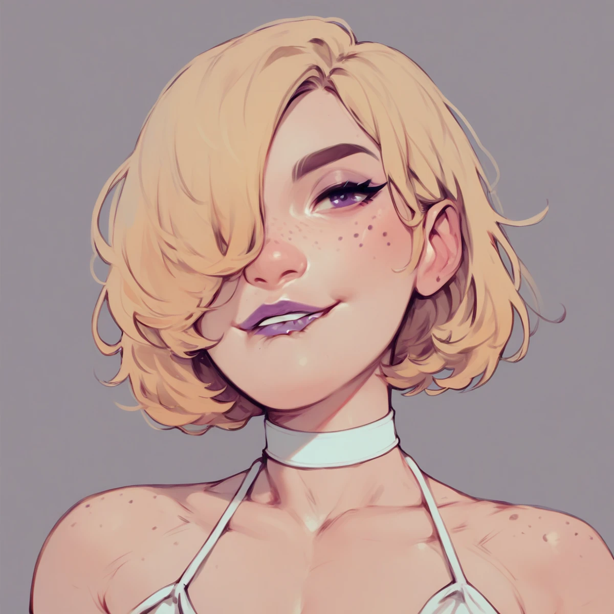 score_9,score_8_up,score_7_up,score_6_up,score_5_up,score_4_up, 1girl, pretty girl, blonde hair, bob cut, hair over 1 eye, cute nose. biting lip, seductive, white choker, purple lips, freckles, bikini
