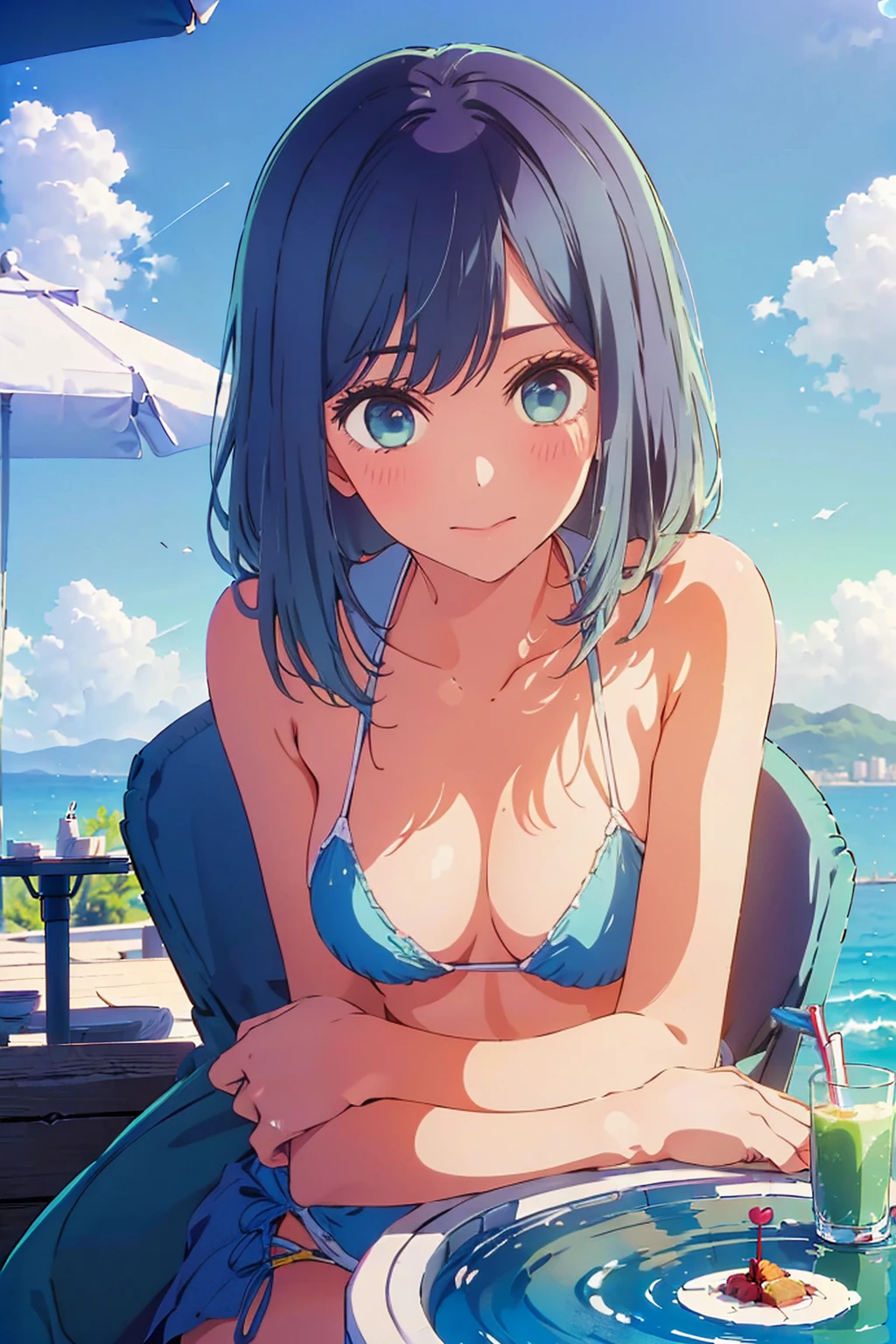 (Highest quality:1.4、8k:1.4、detailed)、F cup bust、Big Breasts、Slim and beautiful arms、Slim body、Very white beautiful skin、((((1 person、smile、smile、sit、Chair、In the background are the urban buildings of Tokyo、looking at the camera、Outdoor café terrace、coastal、Navy hair color、juice、White side string high leg bikini、Shooting up close、table、Very cute face))))、(Pose touching hair:1.4)、Very blue sky、A completely cloudless sky、She tilted her head slightly、The atmosphere is bright and lively、The woman is at the center of the image。