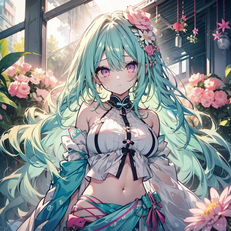 1 girl、Mature、Ample breasts、Mint green hair、Pink Eyes、Long Hair、Mermaid costume、See-through fabric、Pearl Accessories、Shellfish Accessoriehoulder Bare、A seductive smile、High resolution、Highest quality、