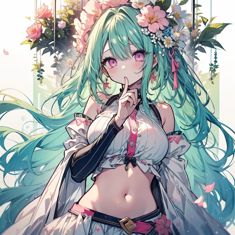 1 girl、Mature、Ample breasts、Mint green hair、Long Hair、Curly Hair、Pink Eyes、Sad face、cute、No sleeve、Belly button、Idol Costumes、Diva、Lots of flowers、High resolution、Highest quality