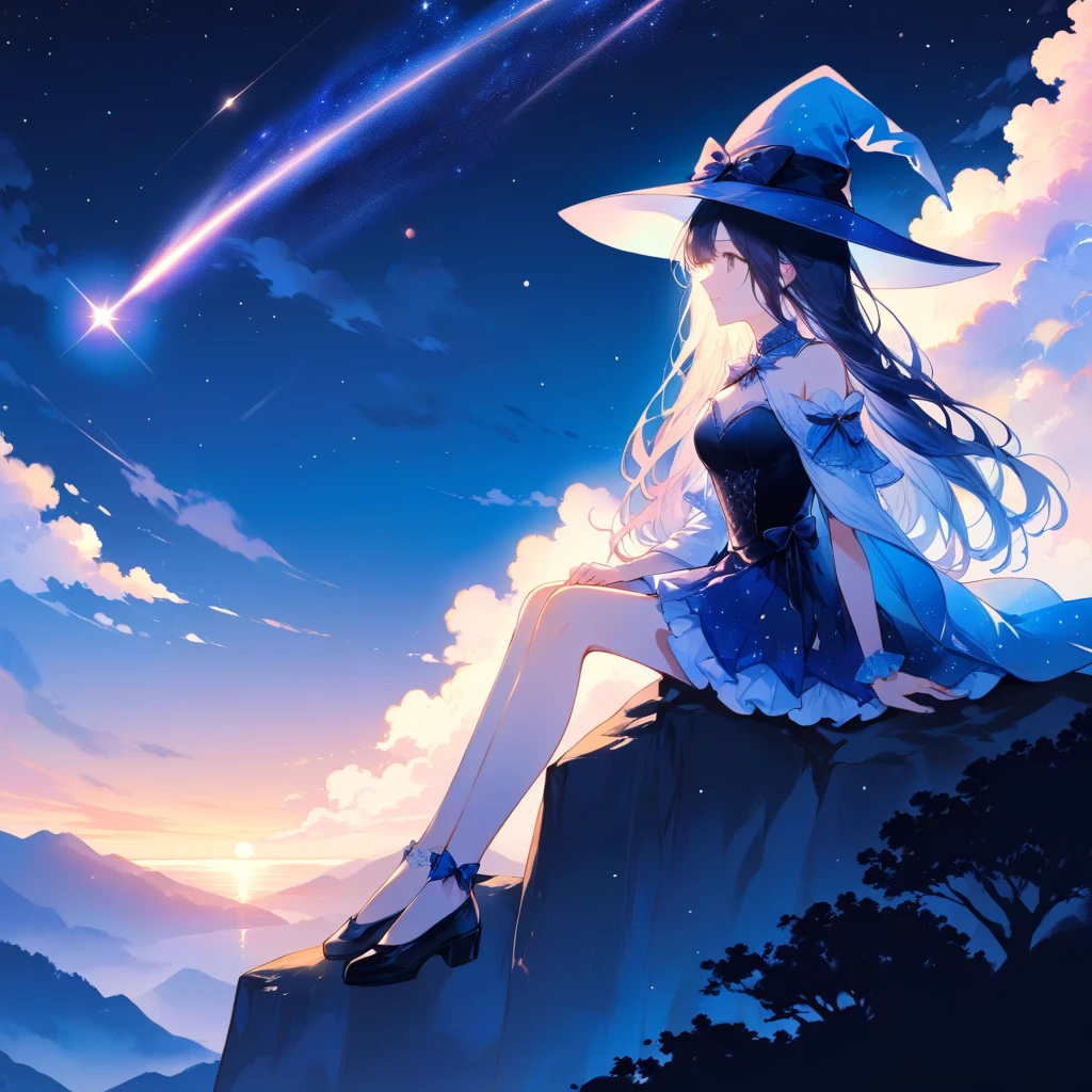 One girl, Long Hair, pastel colour, Portraiture, Medium chest, Line art, Simple Background, (watercolor:0.5)、Beautiful Moonlit Night. Girl sitting on the edge of a cliff、Clouds at your feet、Rear View、star-studded night sky. meteor、彼女は美しい顔とBright colorsの輝く目をしています. She wears a beautifully designed outfit with every detail.. Detail View. Bright colors. High resolution. Fantasy、Fantasy、Wizard、witch'House、Looking up at the moon