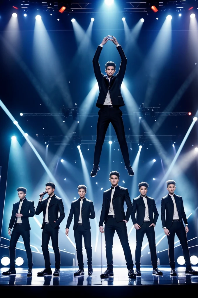 "Create an image of an 8-member boy band called 'Octave Harmony.' They are a modern pop group with a sleek, stylish, and slightly futuristic aesthetic. Each member has a distinct personality and style, but together they exude a cohesive, powerful presence. The backdrop is a stage with vibrant lights and dynamic visual effects, showcasing their energetic performance."