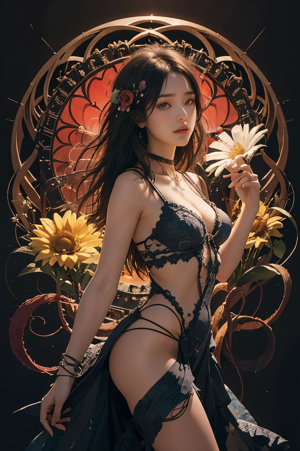 official art, unity 8k wallpaper, ultra detailed, beautiful and aesthetic, beautiful, masterpiece, best quality, (zentangle, mandala, tangle, entangle), (ecstasy of flower:1.2) , dynamic angle, cowboyshot, the most beautiful form of chaos, elegant, a brutalist designed, vivid colours, romanticism, atmospheric