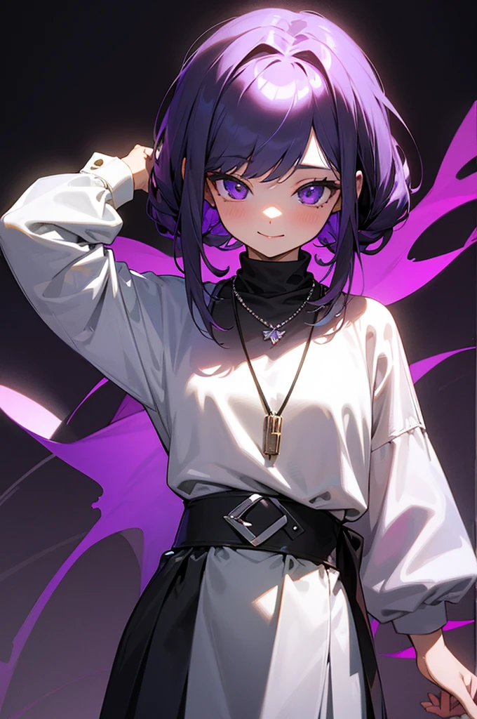 masterpiece,One girl,alone, A light smile, Metal Necklace, White shirt, Modern , accessories, Purple and black two-tone hair color, Unique Hairstyles, stylish, Black background