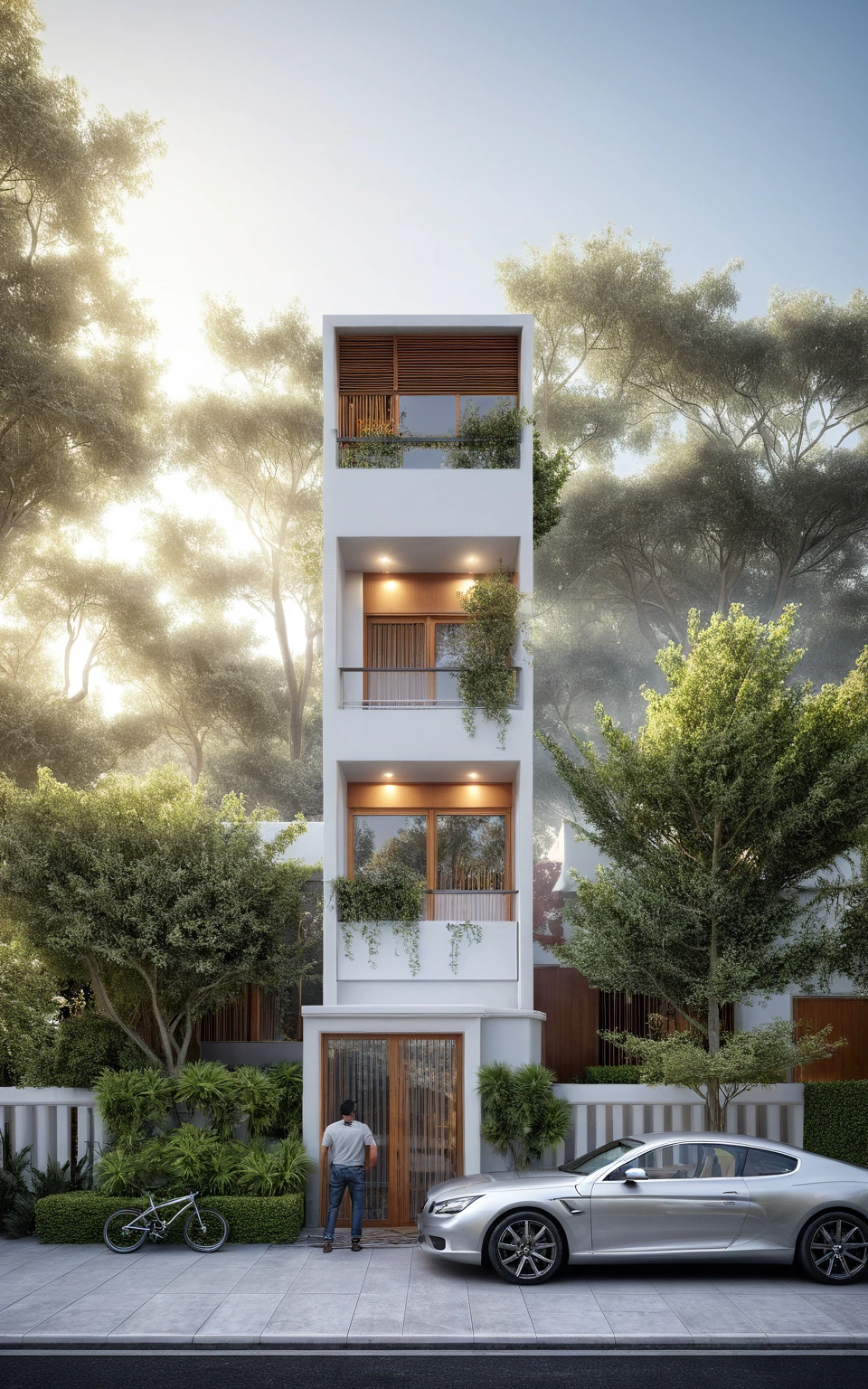 modern villa, modern style, exterior design, perspective view, white wall, (block sidewalks and asphalt roads), (next door neighbor's house), (sun light sky background), Low trees around the house, overall peaceful atmosphere cinematic photo, (Neutral lighting is suitable for the modern villa, light color thermometer sun light 5500 KEVIN), (architectural design visualization), (reflection), (focus on object), (material normal bump real reflection), (scattered light), (light ray), (multi-beam light), (sunbeam) (multi-level reflection), (chao vantge software visualization render),(((Best Quality))), ((Masterpiece)), ((best illustration)), ((best shadows)), ((Super Detail)), (Intricate lines), (Photorealism),(hyper detail), ((archdaily)), ((award winning design)), (dynamic light), ((day)), (perfect light), (shimering light), ((photorealistic)), ((intricate detail)), ((extreme detail)), ((science)), ((hyper-detail)), ((super detail)), ((super reality)), ((crazy detail)), ((octane render)), ((Cinematic)), ((trending on artstation)), ((High-fidelity)), ((Viwvid)), ((Crisp)), ((Bright)), ((Stunning)), ((Eye-catching)), ((High-quality)),((Sharp))((Bright)), ((Stunning)), Natural, ((Eye-catching)), ((Illuminating)), ((Flawless)), ((High-quality)),((Sharp edge render)), ((medium soft lighting)), ((photographic render)), ((detailed archviz)), Sunlight shines into the house, reality environment, spring setting, tropical style space, Aluminum gates, balcony doors, modern townhouse design windows