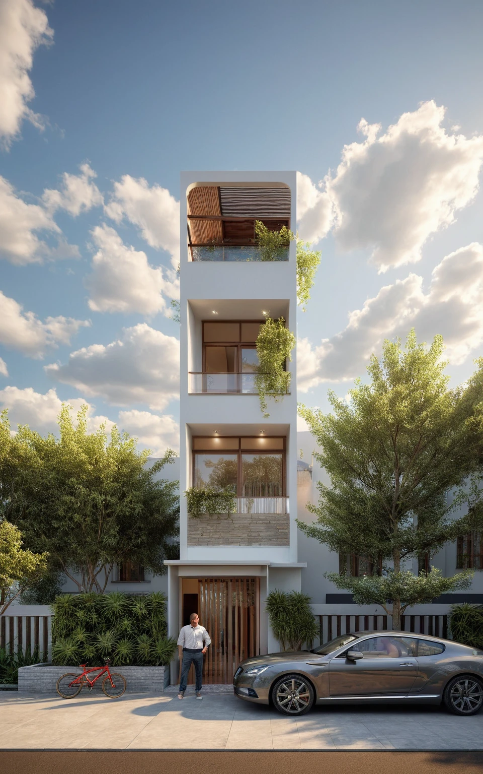 modern villa, modern style, exterior design, perspective view, white wall, (block sidewalks and asphalt roads), (next door neighbor's house), (sun light sky background), Low trees around the house, overall peaceful atmosphere cinematic photo, (Neutral lighting is suitable for the modern villa, light color thermometer sun light 5500 KEVIN), (architectural design visualization), (reflection), (focus on object), (material normal bump real reflection), (scattered light), (light ray), (multi-beam light), (sunbeam) (multi-level reflection), (chao vantge software visualization render),(((Best Quality))), ((Masterpiece)), ((best illustration)), ((best shadows)), ((Super Detail)), (Intricate lines), (Photorealism),(hyper detail), ((archdaily)), ((award winning design)), (dynamic light), ((day)), (perfect light), (shimering light), ((photorealistic)), ((intricate detail)), ((extreme detail)), ((science)), ((hyper-detail)), ((super detail)), ((super reality)), ((crazy detail)), ((octane render)), ((Cinematic)), ((trending on artstation)), ((High-fidelity)), ((Viwvid)), ((Crisp)), ((Bright)), ((Stunning)), ((Eye-catching)), ((High-quality)),((Sharp))((Bright)), ((Stunning)), Natural, ((Eye-catching)), ((Illuminating)), ((Flawless)), ((High-quality)),((Sharp edge render)), ((medium soft lighting)), ((photographic render)), ((detailed archviz)), Sunlight shines into the house, reality environment, spring setting, tropical style space, Aluminum gates, balcony doors, modern townhouse design windows