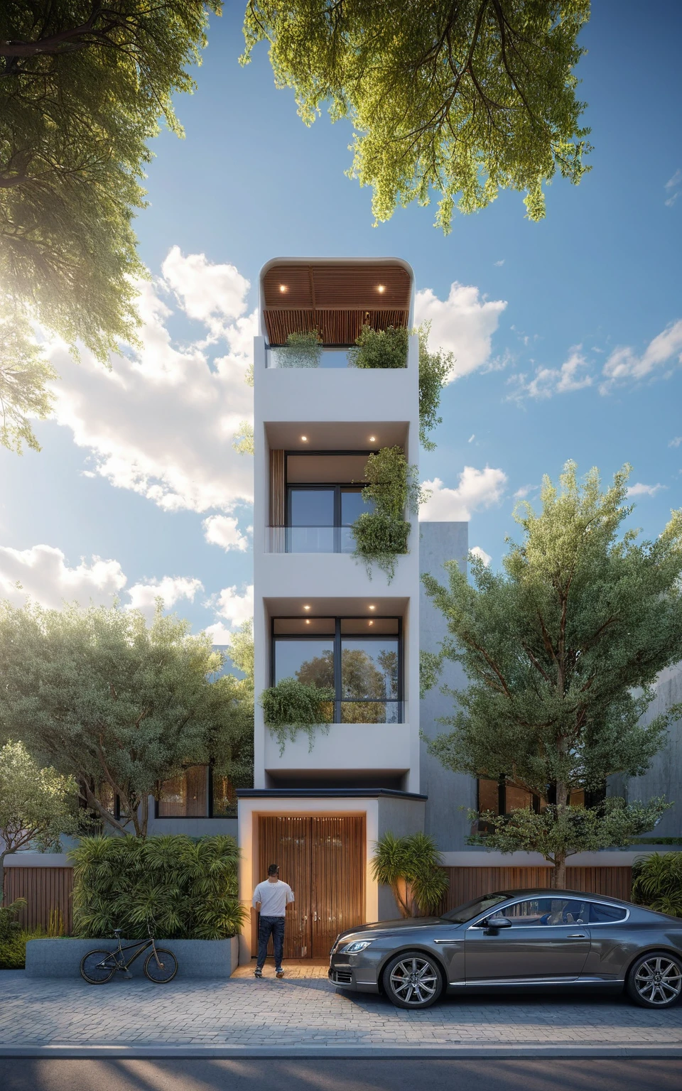 modern villa, modern style, exterior design, perspective view, white wall, (block sidewalks and asphalt roads), (next door neighbor's house), (sun light sky background), Low trees around the house, overall peaceful atmosphere cinematic photo, (Neutral lighting is suitable for the modern villa, light color thermometer sun light 5500 KEVIN), (architectural design visualization), (reflection), (focus on object), (material normal bump real reflection), (scattered light), (light ray), (multi-beam light), (sunbeam) (multi-level reflection), (chao vantge software visualization render),(((Best Quality))), ((Masterpiece)), ((best illustration)), ((best shadows)), ((Super Detail)), (Intricate lines), (Photorealism),(hyper detail), ((archdaily)), ((award winning design)), (dynamic light), ((day)), (perfect light), (shimering light), ((photorealistic)), ((intricate detail)), ((extreme detail)), ((science)), ((hyper-detail)), ((super detail)), ((super reality)), ((crazy detail)), ((octane render)), ((Cinematic)), ((trending on artstation)), ((High-fidelity)), ((Viwvid)), ((Crisp)), ((Bright)), ((Stunning)), ((Eye-catching)), ((High-quality)),((Sharp))((Bright)), ((Stunning)), Natural, ((Eye-catching)), ((Illuminating)), ((Flawless)), ((High-quality)),((Sharp edge render)), ((medium soft lighting)), ((photographic render)), ((detailed archviz)), Sunlight shines into the house, reality environment, spring setting, tropical style space, Aluminum gates, balcony doors, modern townhouse design windows