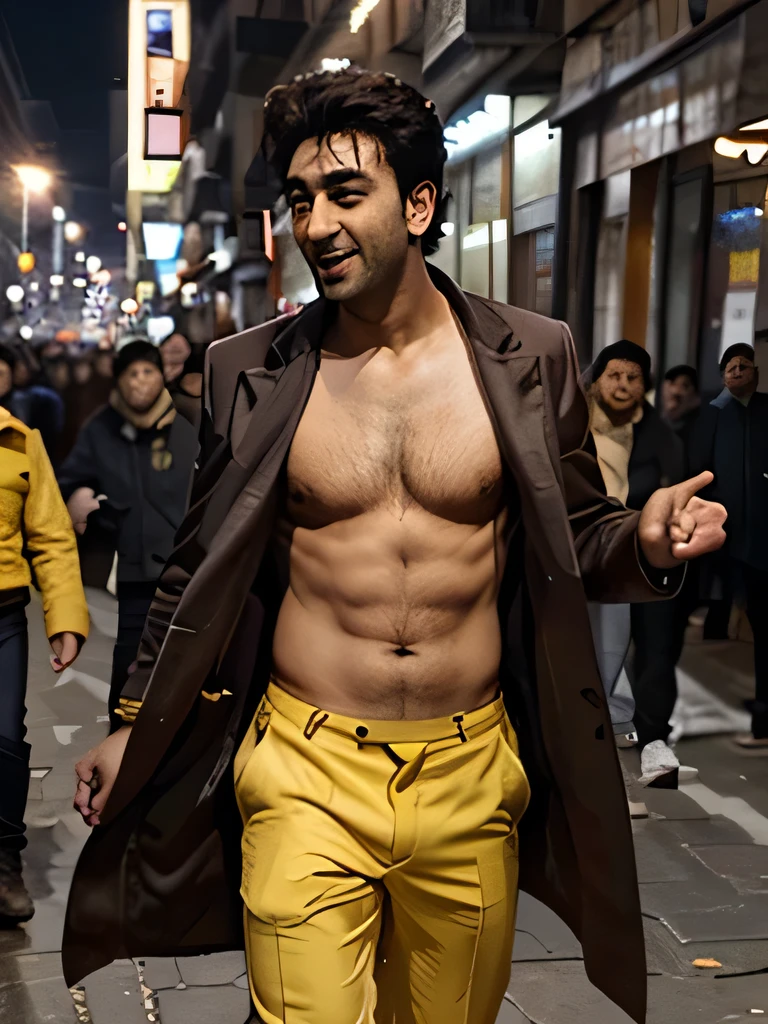 Ranbir kapoor goes shirtless in front of crowded people on a City Street.his nipple touched by the Guy. He gigles. He laugh. The wind blow the coat. He just wear the yellow suit with no Shirt inside.