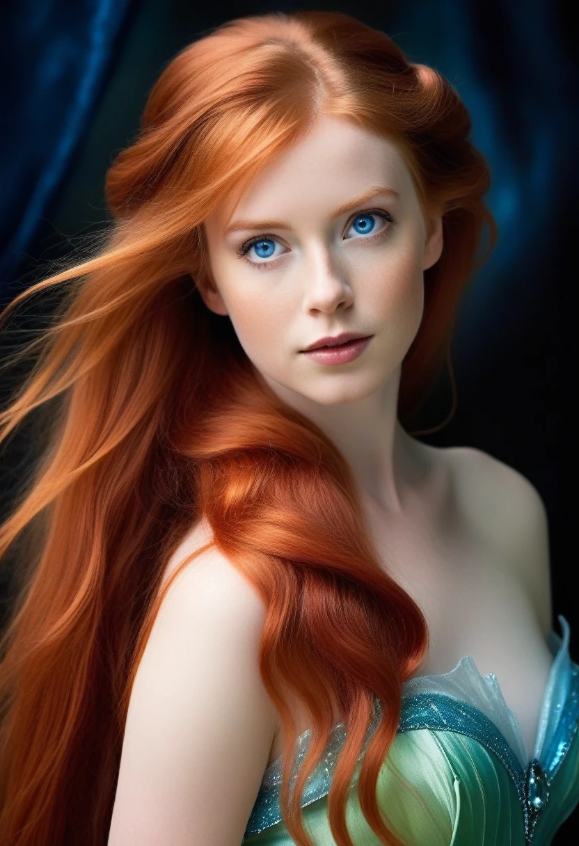 elizabeth holmes as tinker bell, exquisite detail, award winning photography, dramatic lighting, long luxurious light red hair, long red hair and blue eyes, long red hair and big eyes, red flowing hair, silken red hair, long red flaming hair, flowing red hair, long glowing ethereal hair