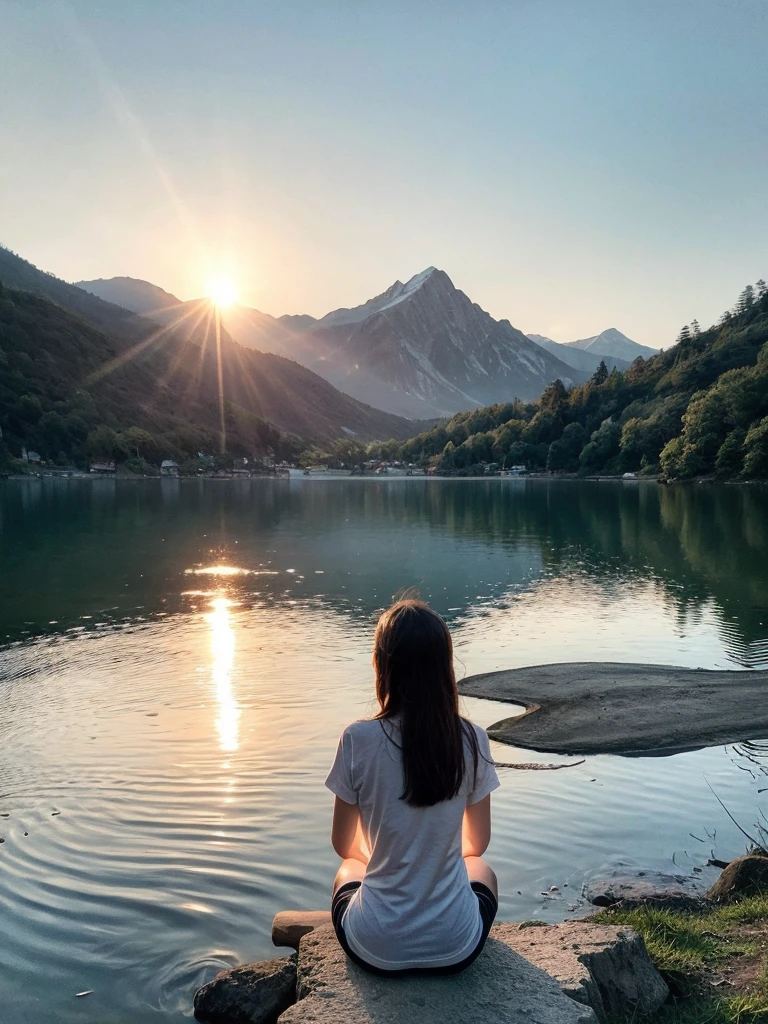 girl,lakeside,painting,waterfront,serene,peaceful,tranquil,reflection,mountains,sunrise,beautiful,harmonious,nature,scenery,colorful,ethereal,fantasy,soft brushstrokes,dreamlike,impressionistic,blurred edges,vibrant colors,crisp details,subtle lighting,hazy atmosphere,calm,solitude,silhouette,warm hues,relaxation,meditation,serenity