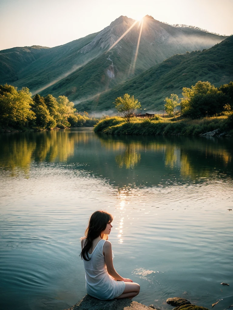 girl,lakeside,painting,waterfront,serene,peaceful,tranquil,reflection,mountains,sunrise,beautiful,harmonious,nature,scenery,colorful,ethereal,fantasy,soft brushstrokes,dreamlike,impressionistic,blurred edges,vibrant colors,crisp details,subtle lighting,hazy atmosphere,calm,solitude,silhouette,warm hues,relaxation,meditation,serenity