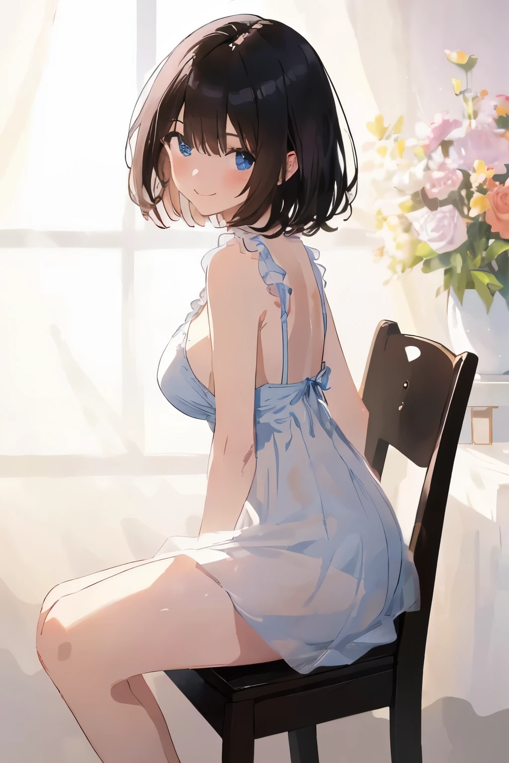 best quality, masterpiece, (solo:1.2), (1 Female:1.2)、Age 25、Larger breasts、(Slender figure)、(from side)、(Sitting in a chair)、(Posing in a sweltering pose:1.2)、Sheer white cut-and-sew top、Thighs、(White highlight in pupil:1.2)、Dark blue eyes、(Black-haired:1.2)、(Medium Hair)、(View your viewers:1.2)、White skin、(blush)、(A shy smile)、(I blur the background a lot to make the woman stand out.:1.3)、(Half backlight)、Beautiful flowers in the background、Wooden bedroom