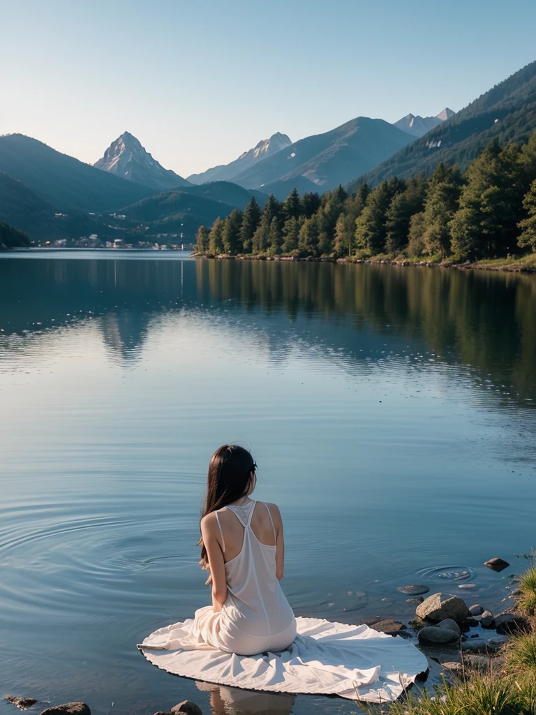 girl,lakeside,painting,waterfront,serene,peaceful,tranquil,reflection,mountains,sunrise,beautiful,harmonious,nature,scenery,colorful,ethereal,fantasy,soft brushstrokes,dreamlike,impressionistic,blurred edges,vibrant colors,crisp details,subtle lighting,hazy atmosphere,calm,solitude,silhouette,warm hues,relaxation,meditation,serenity