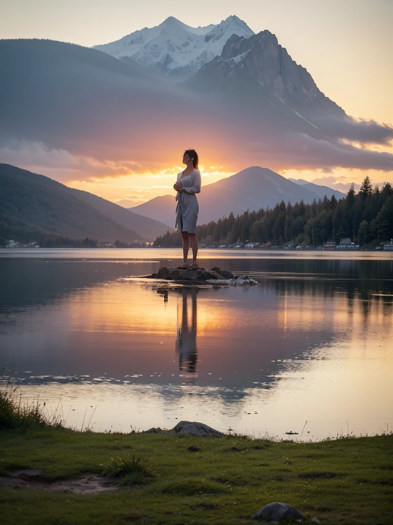 girl,lakeside,painting,waterfront,serene,peaceful,tranquil,reflection,mountains,sunrise,beautiful,harmonious,nature,scenery,colorful,ethereal,fantasy,soft brushstrokes,dreamlike,impressionistic,blurred edges,vibrant colors,crisp details,subtle lighting,hazy atmosphere,calm,solitude,silhouette,warm hues,relaxation,meditation,serenity