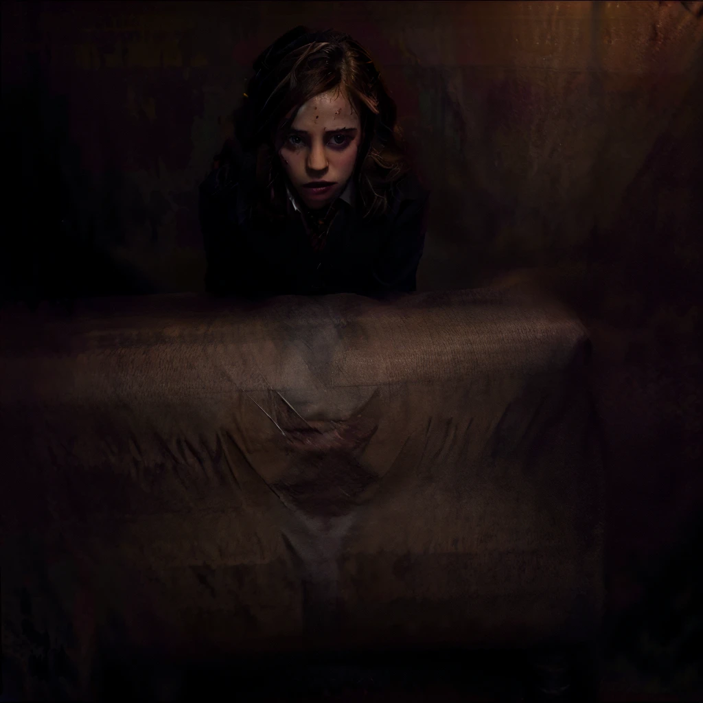 on her knees, slutty Gryffindor clothing, revealing, crying, tied up, makeup bleeding, eyes open and rolling inwards, tongue stuck out, high quality, 4k