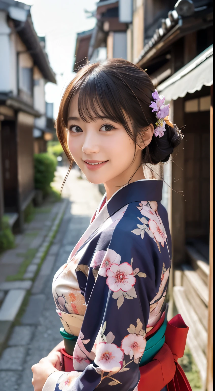 Professional Lighting,(Photorealistic:1.4), (Top image quality:1.0), (超A high resolution:1.0), 8k, Raw photography, (masterpiece:0.2), (Facing the children_v1:0.5)、(最高quality Detail:1.2)、Realistic、8K Ultra HD、High resolution、(1 girl:1.2)、超detailedな、High quality textures、複雑なdetailed、detailed、Very detailed CG、High quality shadows、detailed 美しく繊細な顔、Beautiful details and a delicate eye、(Symmetrical eyes:1.2),Written boundary depth、Ray Tracing,1 girl, Japanese Girls, (Natural smile:1.4),cute, thin, Portrait of a beautiful Japanese woman in a kimono, Standing elegantly on a street corner in Kyoto. Kimono with vibrant traditional patterns, Hair decorated with elegant and delicate hairpins, Gentle expression. (With the old streets of Kyoto in the background:1.4)、The soft light of a spring afternoon、Adding tranquility to the scene. Rendered in a Realistic style with great attention to detail, High resolutionの画像.Sky Porn, Magic Hour, (Realistic:1.3), finely, quality, (Tabletop:1.2), (Realistic:1.2), (最高quality), (複雑なdetailed), dramatic, Ray Tracing, photograph, +roller