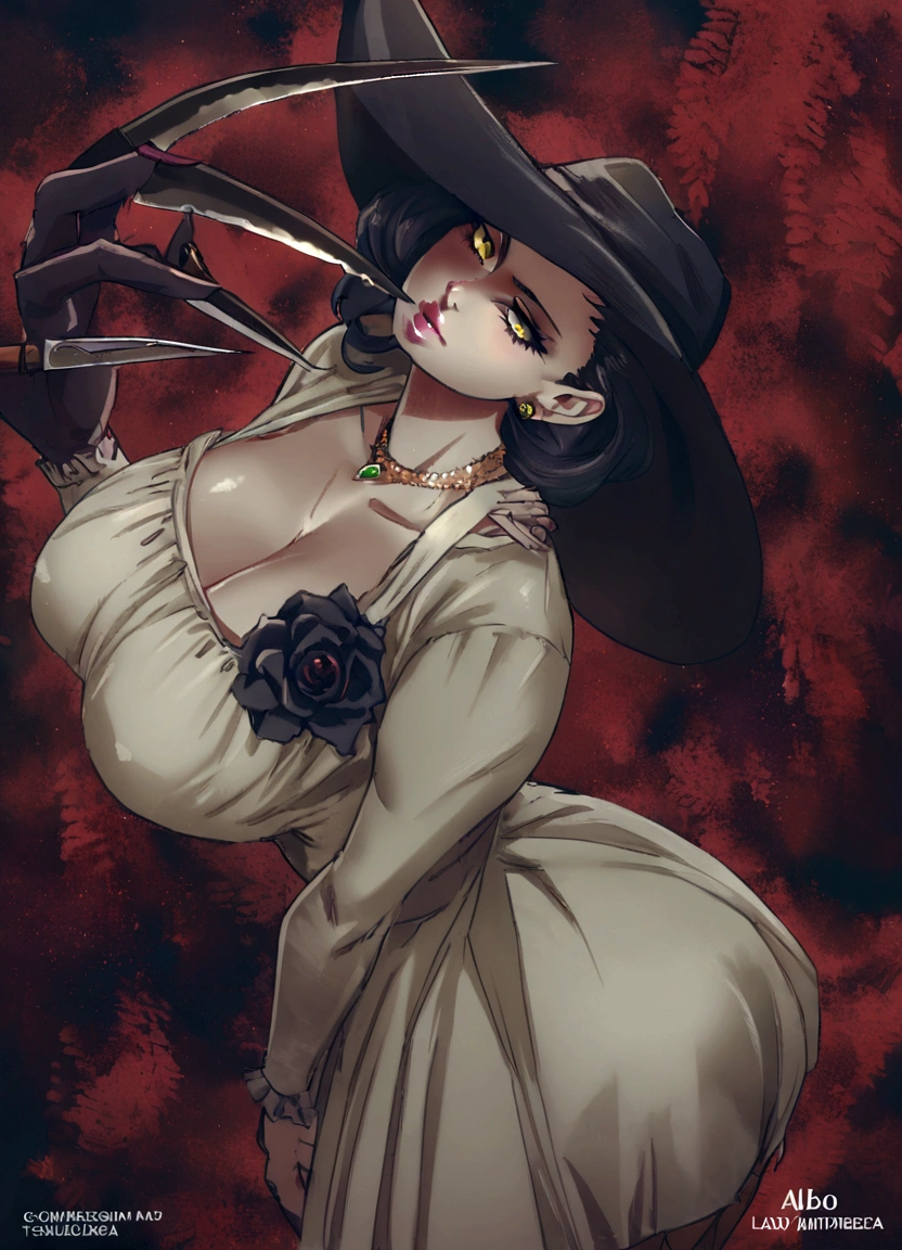 a close up of a woman in a dress and hat with a knife, albedo from overlord, lady dimitrescu, albedo from the anime overlord, inspired by Tsukioka Yoshitoshi, shalltear from overlord, succubus in sundress portrait, commission for high res, detailed fanart, junko enoshima